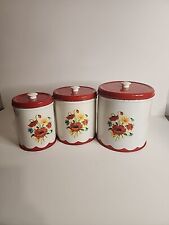 Vintage Mid Century Red Top Metal Floral Canister Set picture