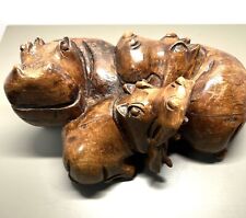 Vintage African Art Hand Carved Solid Wood Hippo Family  4.5”x9.5” Heavy picture