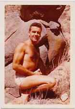 Hairy Chested Man Posing by Boulders Vintage Photo, athlete, jock, gay, beefcake picture