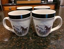 SET OF 4 Folk Craft RUNNING HORSES Heavy Stoneware 16 oz Coffee Mugs by ScottyZ  picture