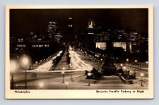 RPPC Night View Art Museum Rocky Steps & Downtown Philadelphia PA Postcard picture