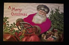 Red Silk Robe Santa Claus ~Driving Car with Toys~Tree Christmas Postcard~h958 picture
