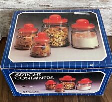 Vtg Set of 4 Round Clear Plastic Airtight Canisters Red Knobs NEW OLD STOCK MCM picture