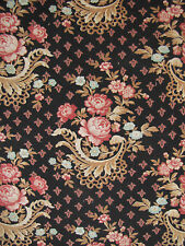 Antique French fabric c1880 Black Ground Floral Printed Rococo design textile picture
