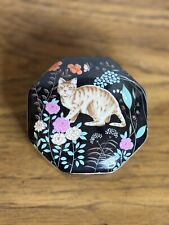 Vintage 70s ORANGE TABBY CAT Black Ceramic Porcelain Floral Trinket Box Japan picture