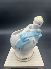 Vintage White Ceramic Planter for Welcoming Baby Boy-NOS-Globe-Blue Banner-Gold  picture