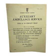 Vtg 1943 WWII Era AUXILIARY AMBULANCE SERVICE London County Council Certificate picture