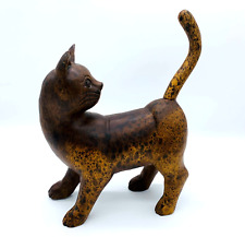 HTF Wood Carved Brindled Cat Sculpture 14'' - Made In Thailand picture