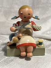 Vintage Expertic Sewing Girl Wood Figurine picture