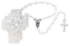 White Pearl Rosary Silver OX Crucifix And Center 4mm Bead First Communion Gift picture