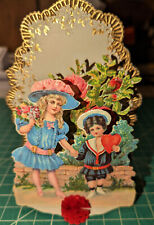 c 1915 Die-Cut Mechanical German Stand-Up Valentine. Gold Trim. Two Little Girls picture