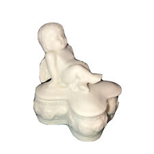 Vintage White Porcelain Lounging Cherub Trinket Box Great For Your Vanity  Fun picture
