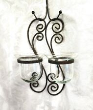 Gothic Set VTG Wrought Iron & Glass Wall Pocket Hanging Sconce Vase Mid Century picture