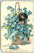 Postcard - Loving birthday greetings - Basket of Flowers and Puppy Art Print picture