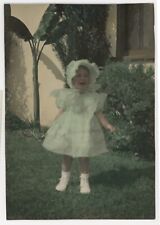 1930s nicely HAND TINTED vintage PHOTO TODDLER in DRESS and BONNET green CUTE picture