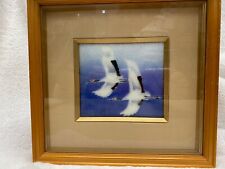 Asian Foil Painted Enameled Cranes Flying Framed & Matted Art  picture
