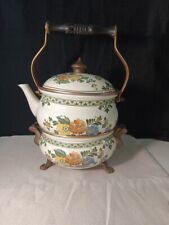 Vintage ASTA Enamelware Floral Teapot W/ Matching Chafing Dish from Germany  picture