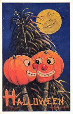 1908 sgd. Wall Jack O' Lanterns & Man in Moon Halloween post card picture