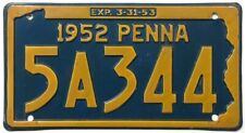 Pennsylvania 1952 License Plate 5A344 Original Paint DMV Clear picture