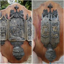 Antique French Triptych Bronze Neo gothic rare holy water font plaque religious picture