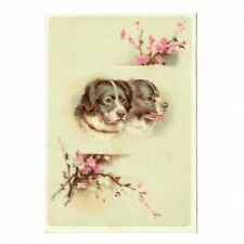 Victorian Trade Card Dogs 1890's Cherry Blossom Spaniel Spring Cottagecore Puppy picture