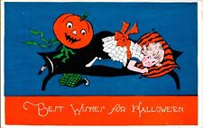 Vintage Gibson Boy & Girl with JOL Antique Halloween Postcard (Unusual Colors) picture