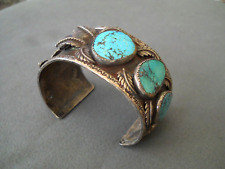 OLD Native American Navajo Turquoise Row Sterling Silver Leaves Watch Bracelet picture