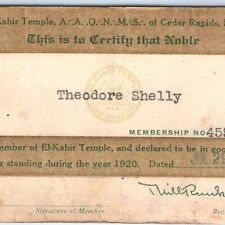 1920 Cedar Rapids IA Shriners El-Kahir Temple Membership Card Masonic AAONMS C46 picture