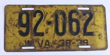 West Virginia 1938-1939 Antique VTG License Plate Auto Tag Rare Original Paint picture