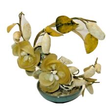 Vtg Shell Art Bonsai Tree Plant Gold Yellow Flowers Leaves Teal Ceramic Dish 6