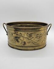 Vintage Brass Planter Can With Handles Embossed Leaves 6