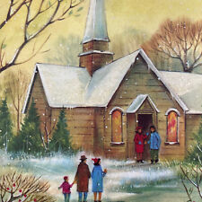 Vintage Mid Century Christmas Greeting Card Family By Church Yellow Sky Glitter picture