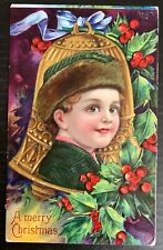 Antique Christmas Adorable Boy Brown Eyes Green Outfit Bell Postcard c1910 picture
