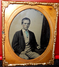 1/6th Size tinted Tintype of young man in brass mat/frame picture