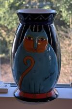 Laurel Burch Ganz Vase BLUE CAT Black White Stripe Orange Accents Signature 6” picture