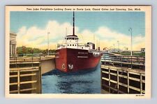 Sault St Marie MI-Michigan, Freighters on Davis Lock, Antique Vintage Postcard picture