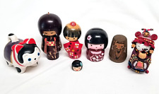 ESTATE LOT of VTG Japanese Wooden Kokeshi Dolls, Cat, Bank, Mixed Asian Decor picture