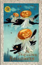 Antique HALLOWEEN POSTCARD FLYING JACK O LANTERN JOL Broom BLACK CATS JB14 picture