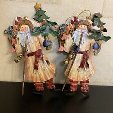 Pair of Metal Santa Ornaments,  Father Christmas, folk art look 6” Tall picture