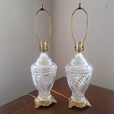Pair Crystal Lamps Clear Heavy Cut Glass Vanity Table Ornate Gold Brass Base picture