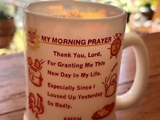 VINTAGE MUG MY MORNING PRAYER ORANGE WHITE MILK GLASS COFFEE CUP picture