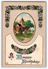 c1910's Happy Birthday House Church Flowers Gel Gold Gilt Antique Postcard picture