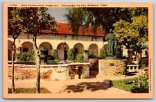 California~San Fernando Mission Garden Fountain & Statue~Vintage Linen Postcard picture