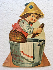 Antique Mechanical Die Cut Valentine Card Boy Washing Clothes Churning Butter picture