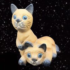 Vintage Hand Carved Wood Pair Of Blue Eyed Cats Figurine Statue 6”T 5”W picture