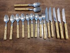 Vintage MCM 15 Piece Flatware Silverware Bamboo Handle Stainless China Boho picture