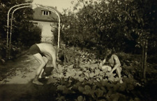 Two Shirtless Men Tending Garden By House & Arch B&W Photograph 2.5 x 3.5 picture