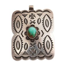 LARGE NATIVE AMERICAN STERLING SILVER TURQUOISE THUNDERBIRDS & STAMPS PENDANT picture