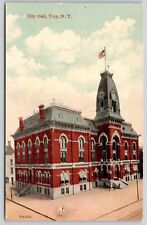 City Hall Troy New York Birds Eye View American Flag Government Vintage Postcard picture