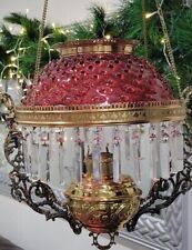 ANTIQUE VICTORIAN HANGING PARLOR OIL LAMP RUBY RED HOBNAIL SHADE W/PRISMS  picture